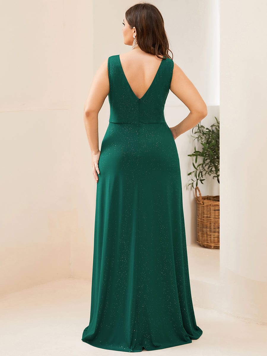 Floor Length V Neck Shiny Evening Dress with Side Split #color_Dark Green