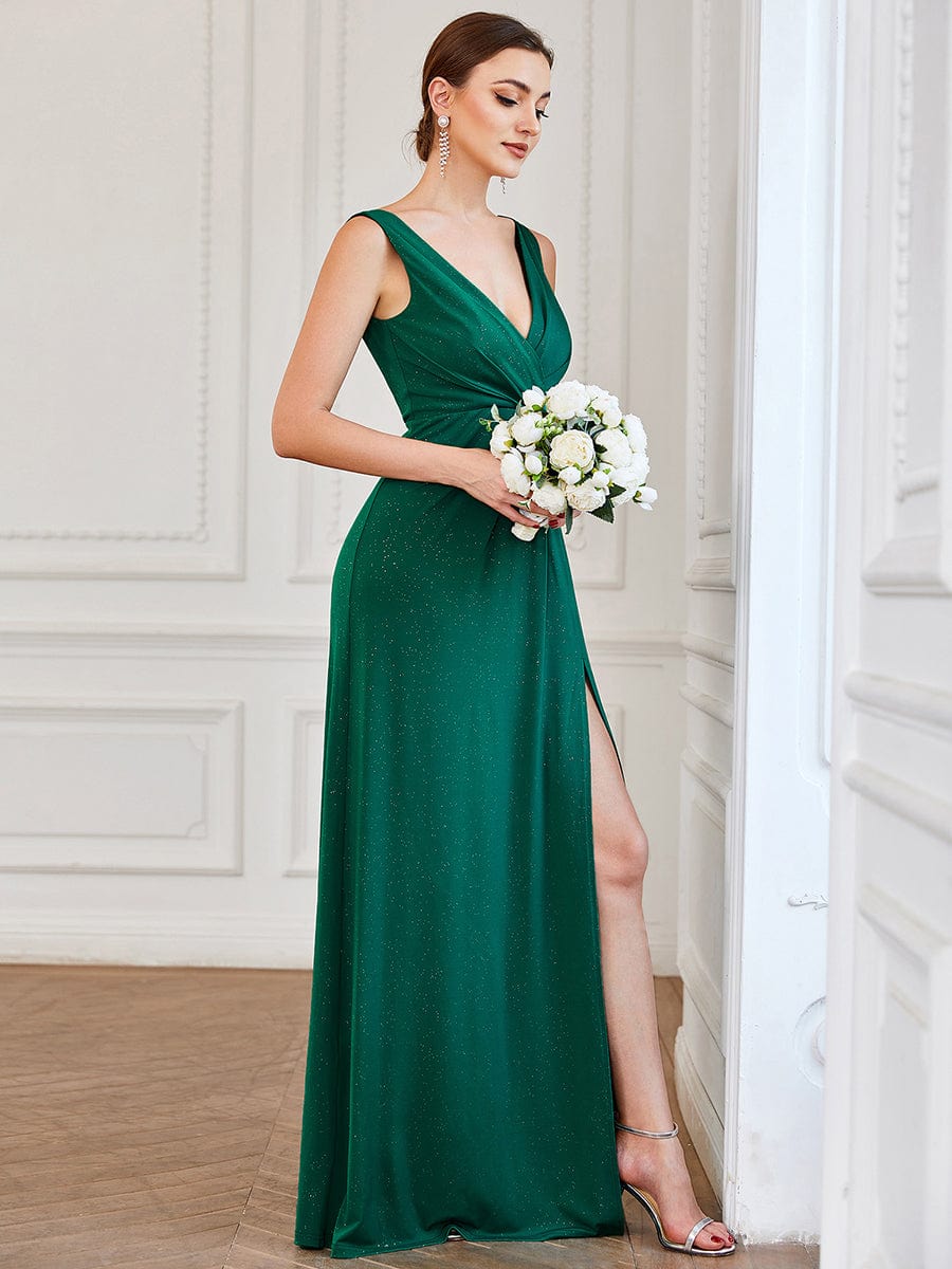 Floor Length V Neck Shiny Evening Dress with Side Split #color_Dark Green