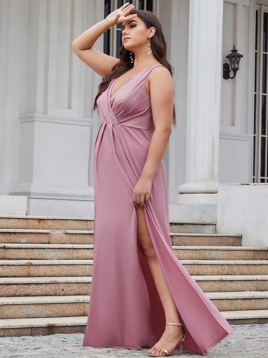 Plus Size Shiny V Neck Side Split Formal Evening Dress #color_Purple Orchid 