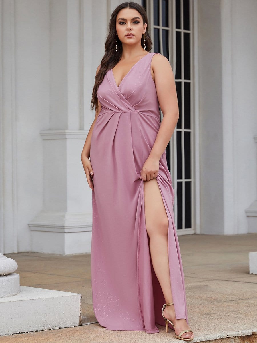 Plus Size Shiny V Neck Side Split Formal Evening Dress #color_Purple Orchid 