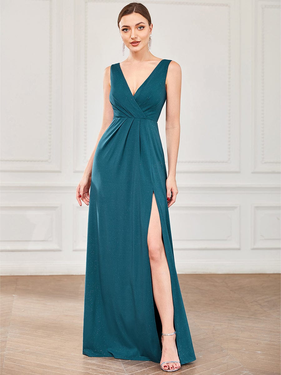 Floor Length V Neck Shiny Evening Dress with Side Split #color_Teal