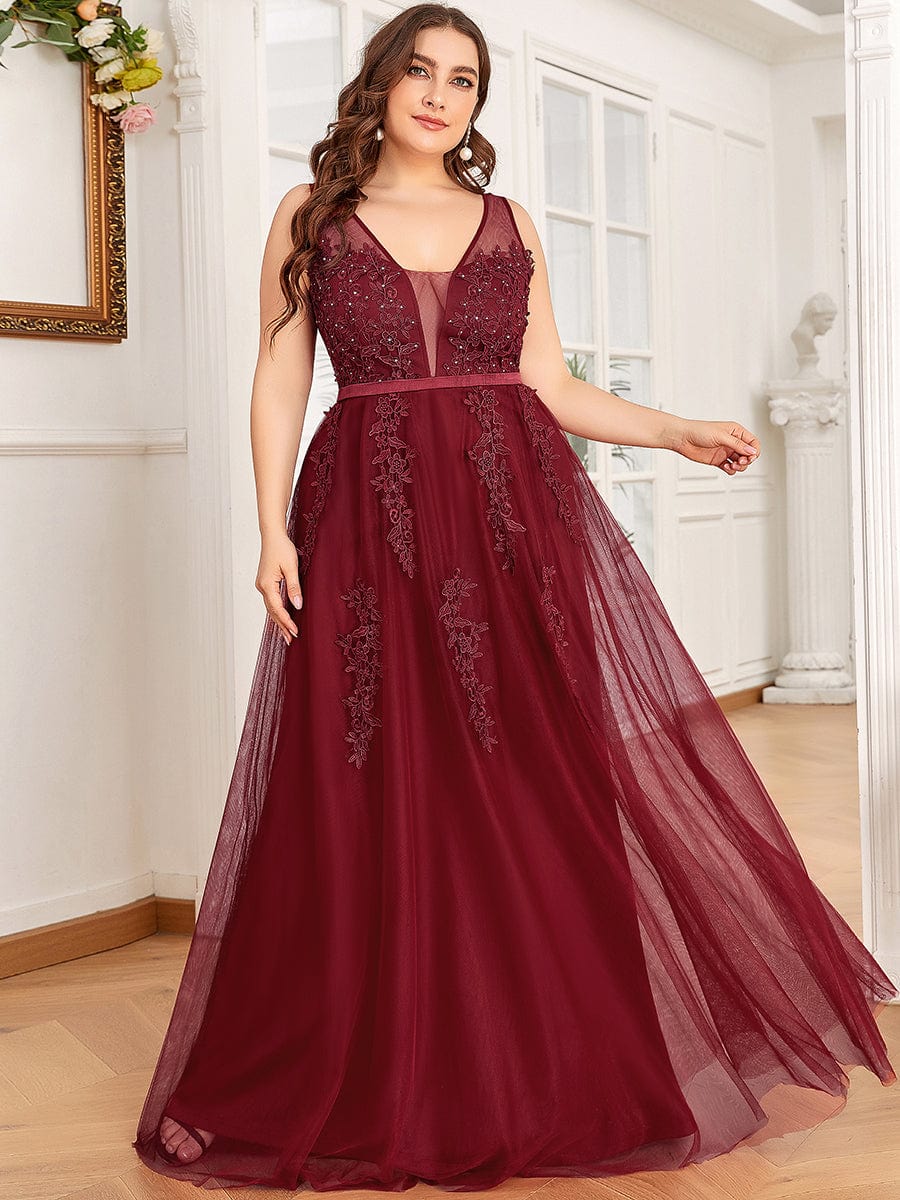 Maxi Long Elegant Ethereal Tulle Evening Dress #color_Burgundy 