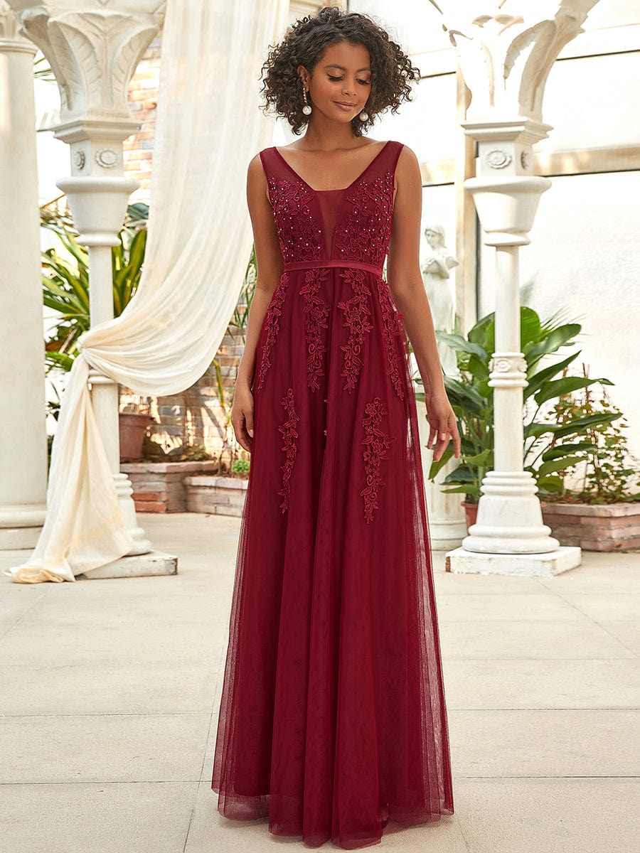 Maxi Long Elegant Ethereal Tulle Evening Dress #color_Burgundy 