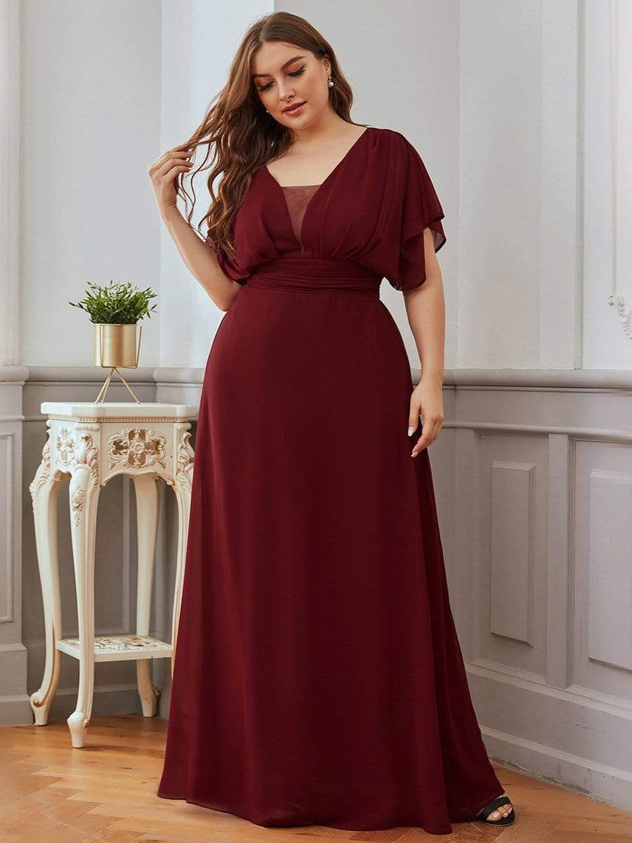 Plus Size Empire Waist Chiffon Formal Maxi Evening Dress #color_Burgundy 