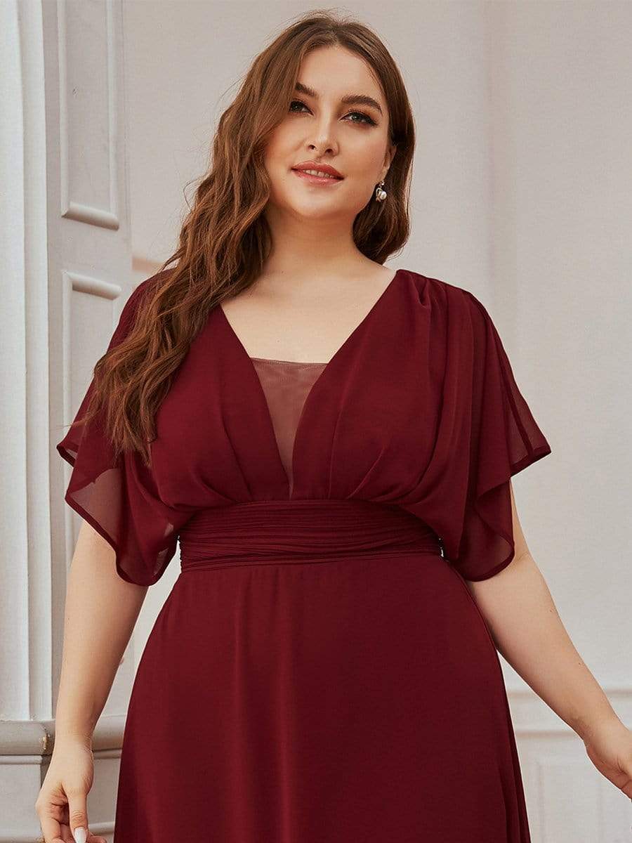 Plus Size Empire Waist Chiffon Formal Maxi Evening Dress #color_Burgundy 