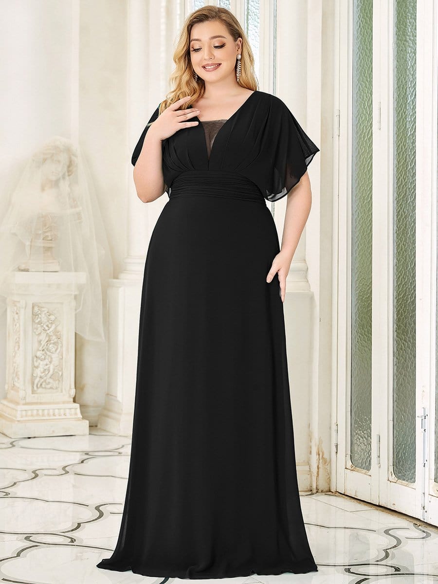 Plus Size Empire Waist Chiffon Formal Maxi Evening Dress #color_Black 