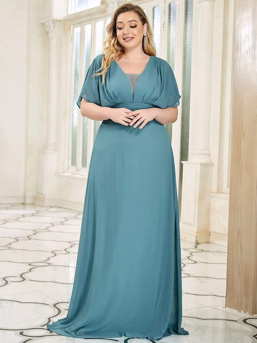 Plus Size Empire Waist Chiffon Formal Maxi Evening Dress #color_Dusty Blue 