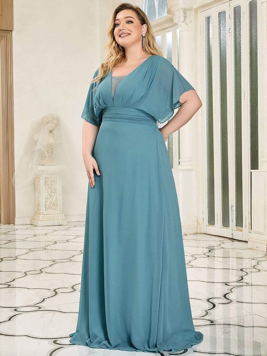 Plus Size Empire Waist Chiffon Formal Maxi Evening Dress #color_Dusty Blue 