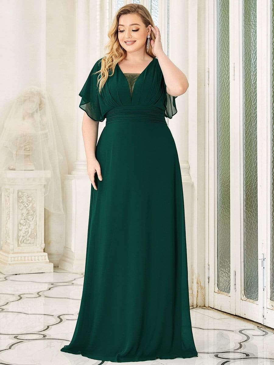 Plus Size Empire Waist Chiffon Formal Maxi Evening Dress #color_Dark Green 