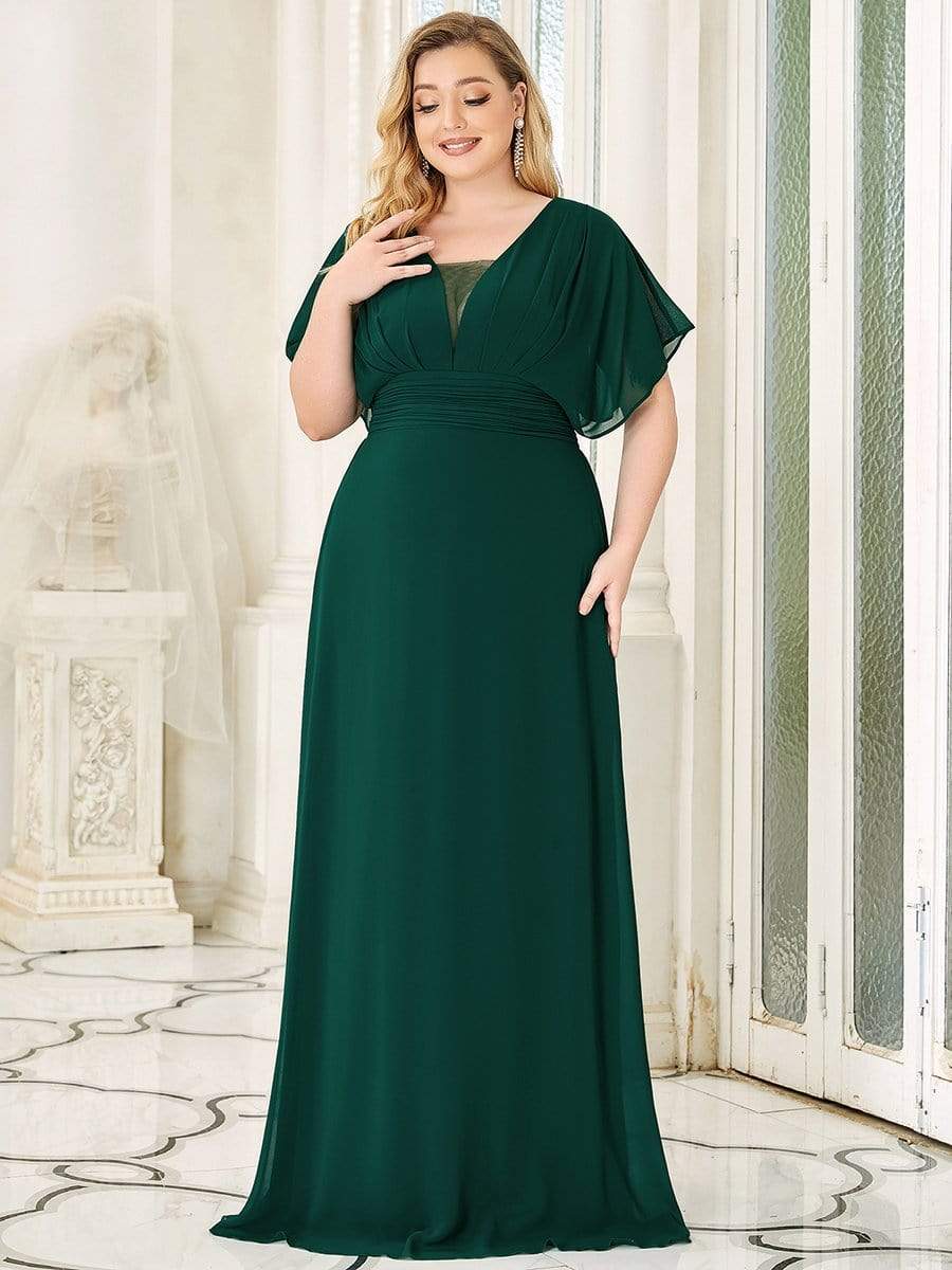 Plus Size Empire Waist Chiffon Formal Maxi Evening Dress #color_Dark Green 