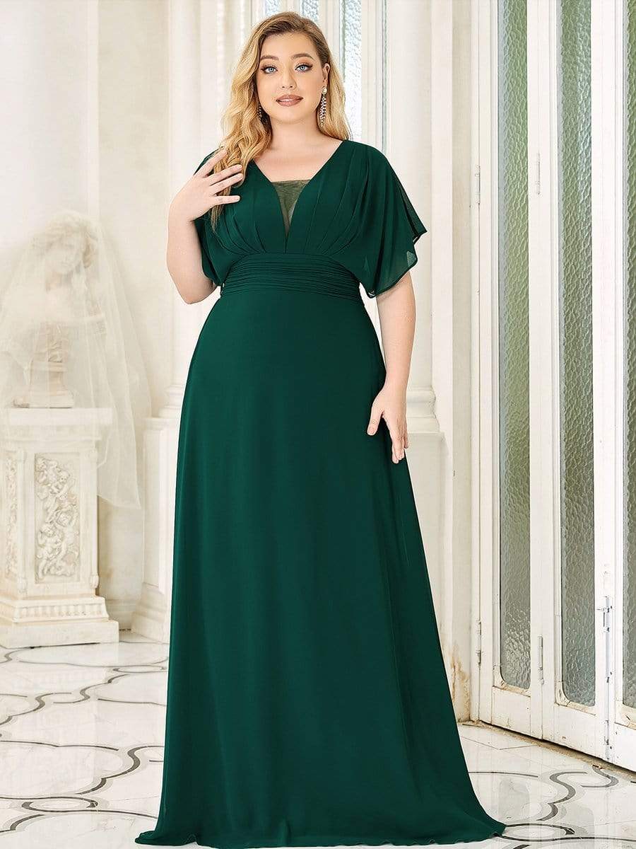 Plus Size Empire Waist Chiffon Formal Maxi Evening Dress #color_Dark Green 