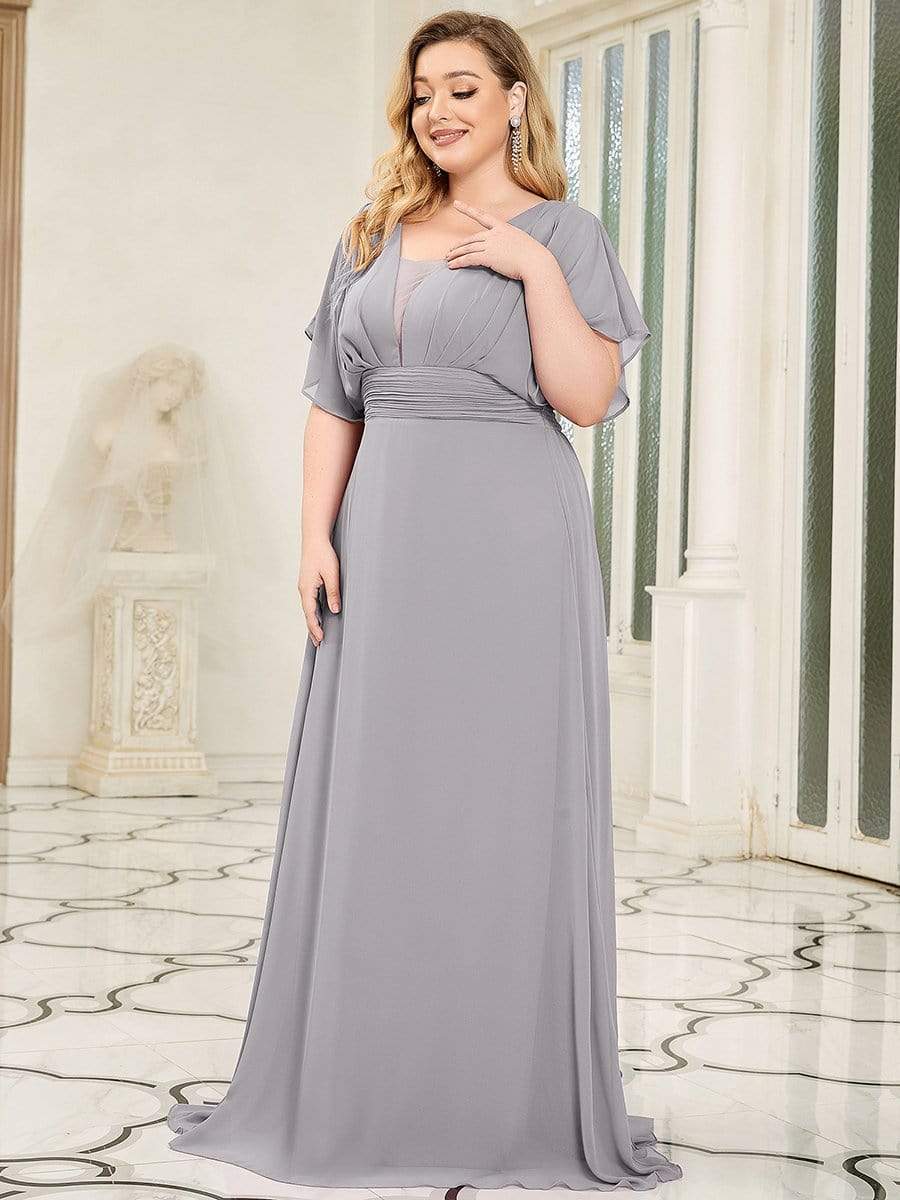 Plus Size Empire Waist Chiffon Formal Maxi Evening Dress #color_Grey 