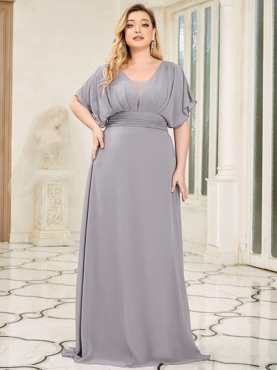 Plus Size Empire Waist Chiffon Formal Maxi Evening Dress #color_Grey 