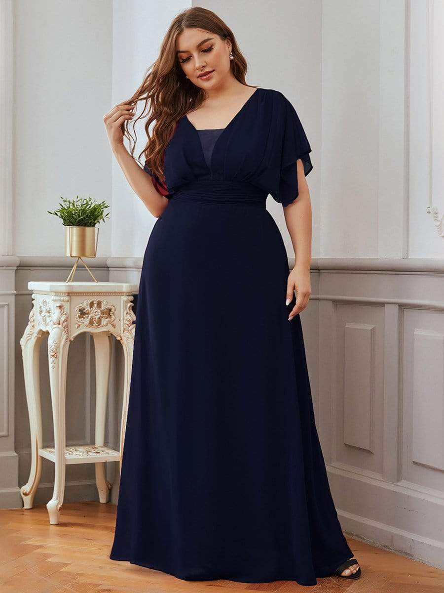 Plus Size Empire Waist Chiffon Formal Maxi Evening Dress #color_Navy Blue 