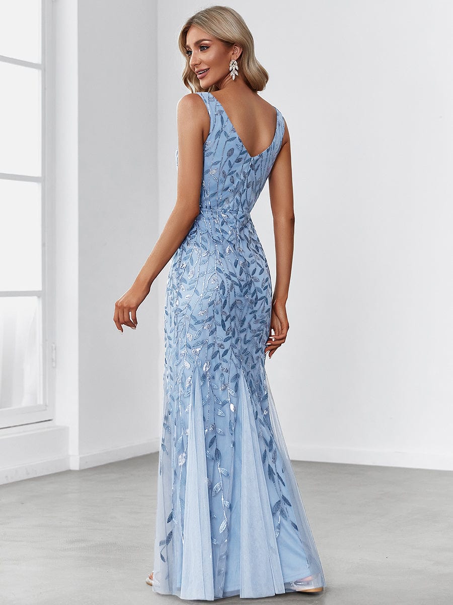 Custom Size Double V-Neck Fishtail Sequin Formal Maxi Evening Dress #color_Sky Blue