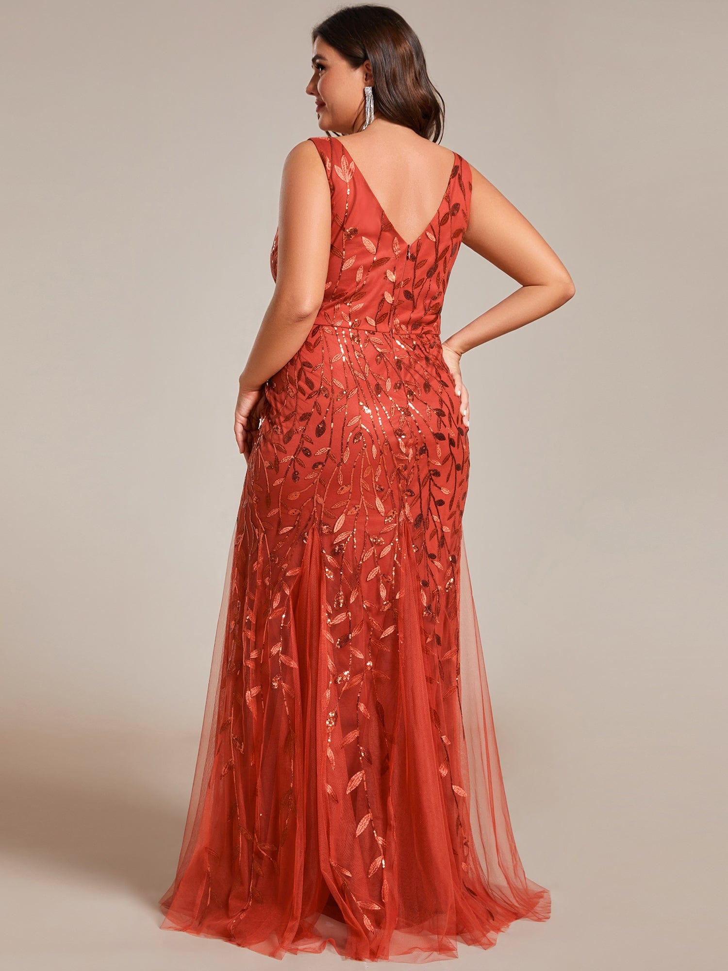 Custom Size Double V-Neck Fishtail Sequin Formal Maxi Evening Dress #color_Burnt Orange