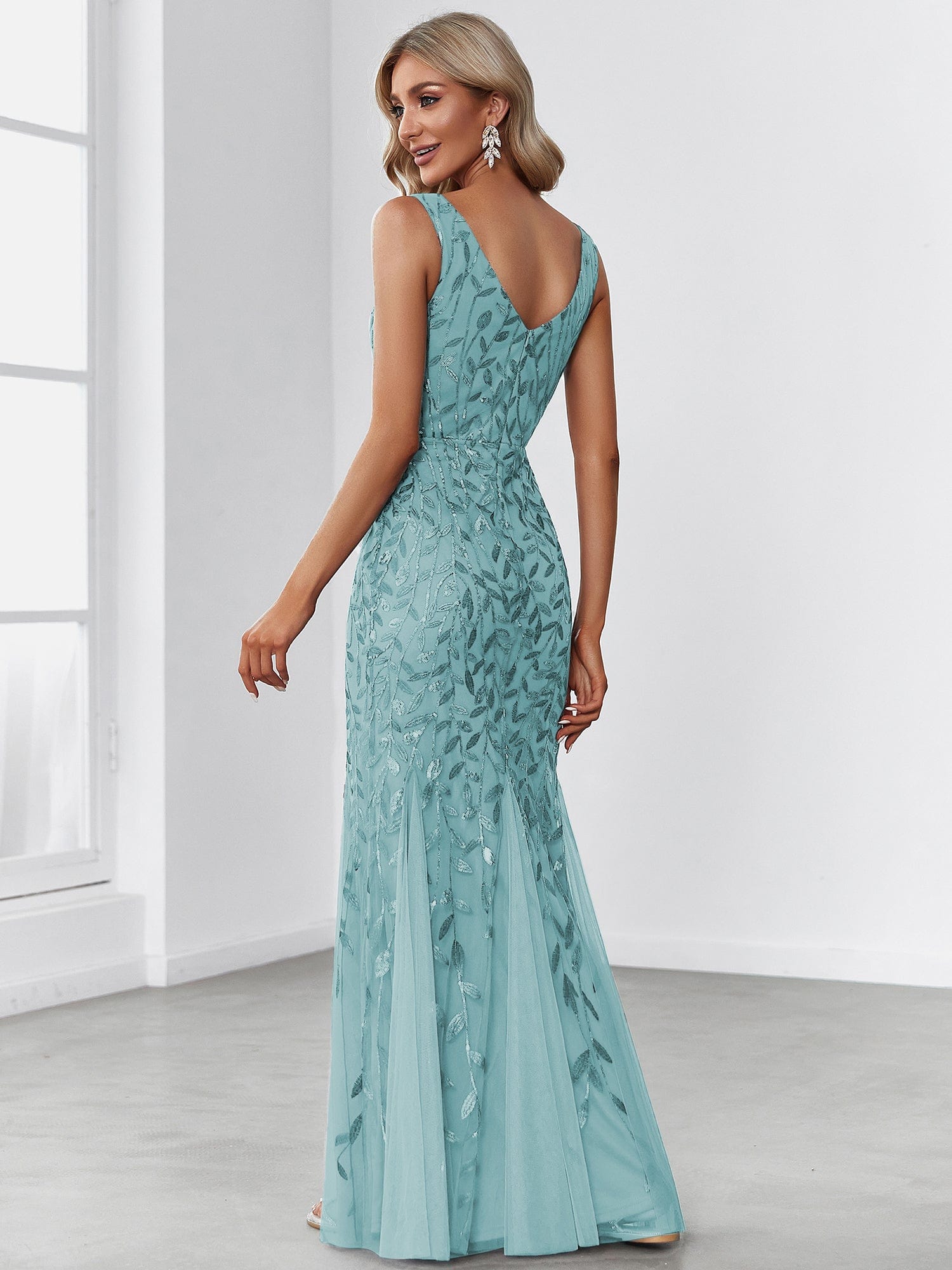 Custom Size Double V-Neck Fishtail Sequin Formal Maxi Evening Dress #color_Dusty Blue