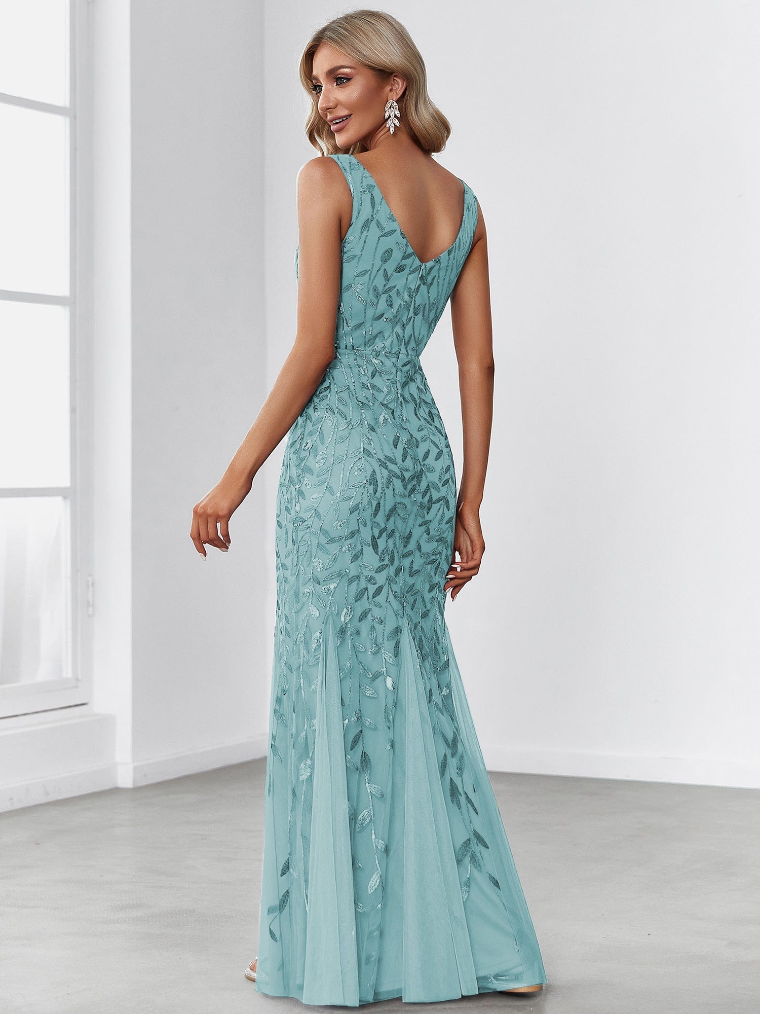 Custom Size Double V-Neck Fishtail Sequin Formal Maxi Evening Dress #color_Light Teal