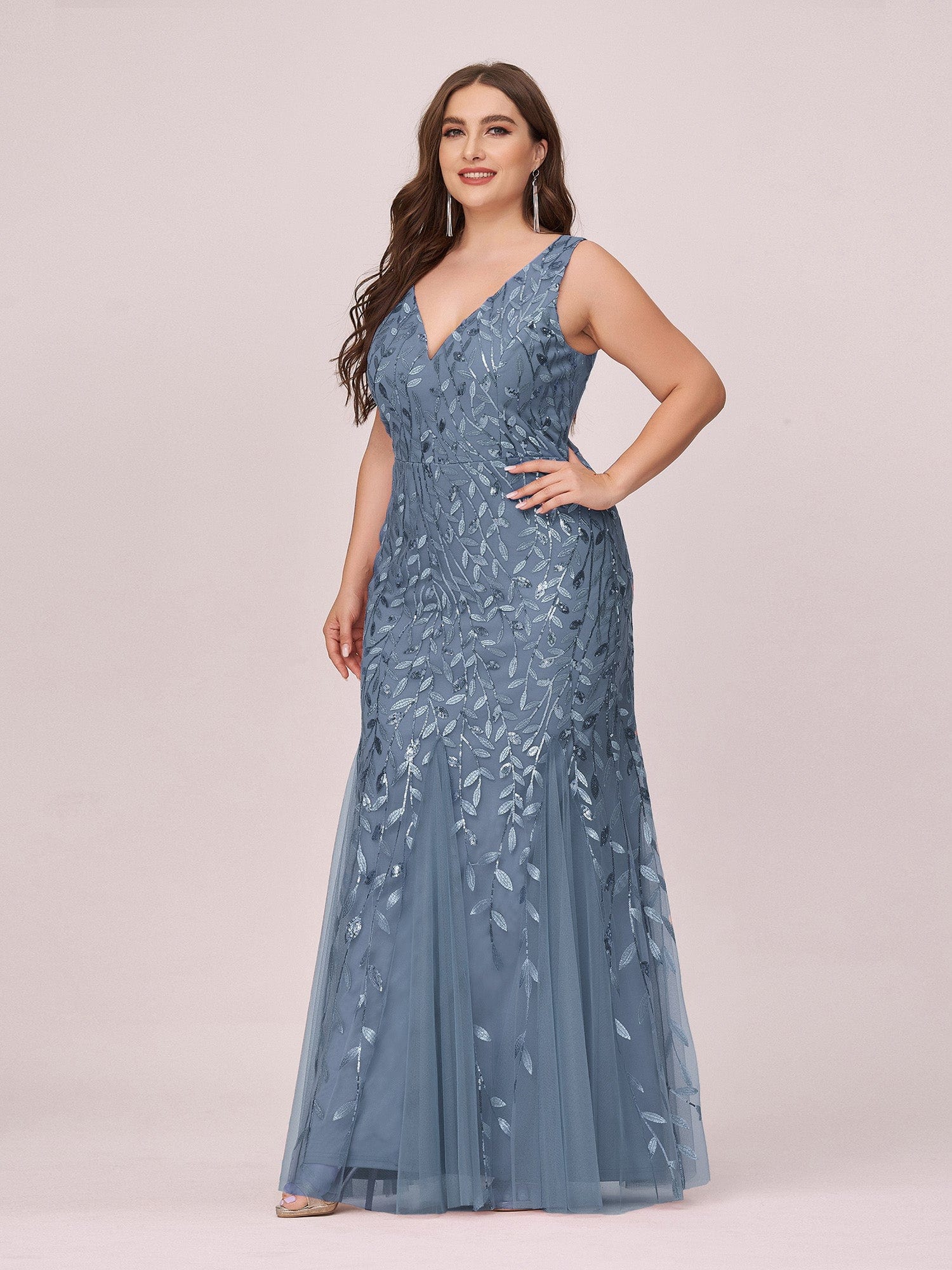 Custom Size Double V-Neck Fishtail Sequin Formal Maxi Evening Dress #color_Dusty Blue