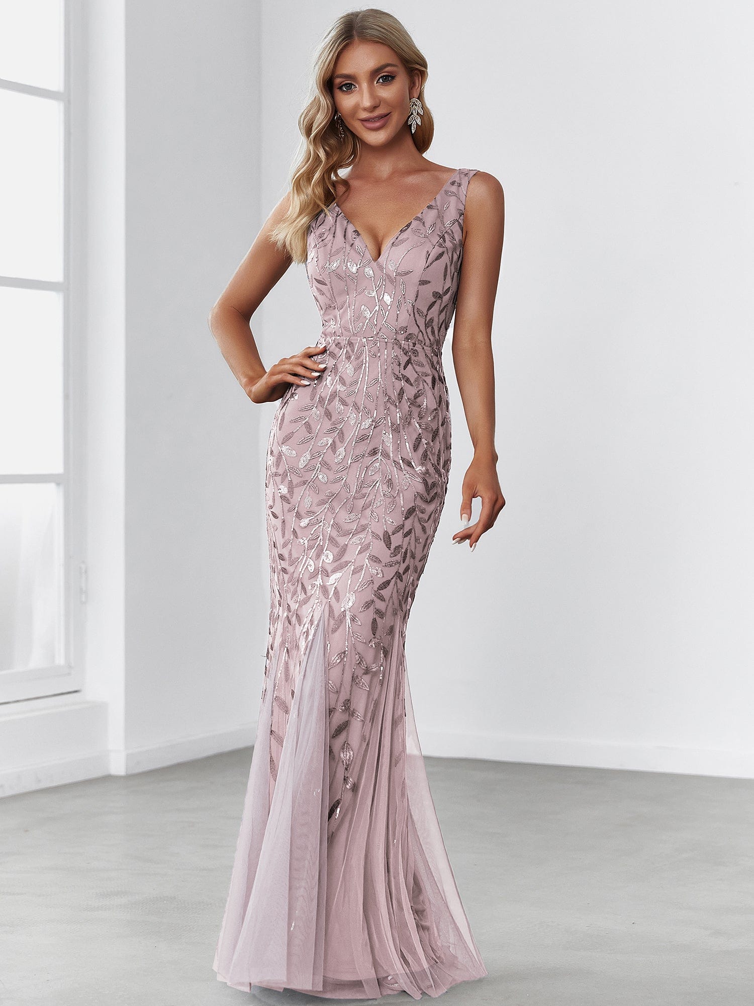 Custom Size Double V-Neck Fishtail Sequin Formal Maxi Evening Dress #color_Lilac