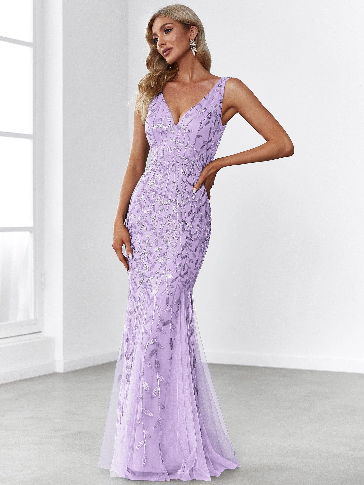 Custom Size Double V-Neck Fishtail Sequin Formal Maxi Evening Dress #color_Lavender