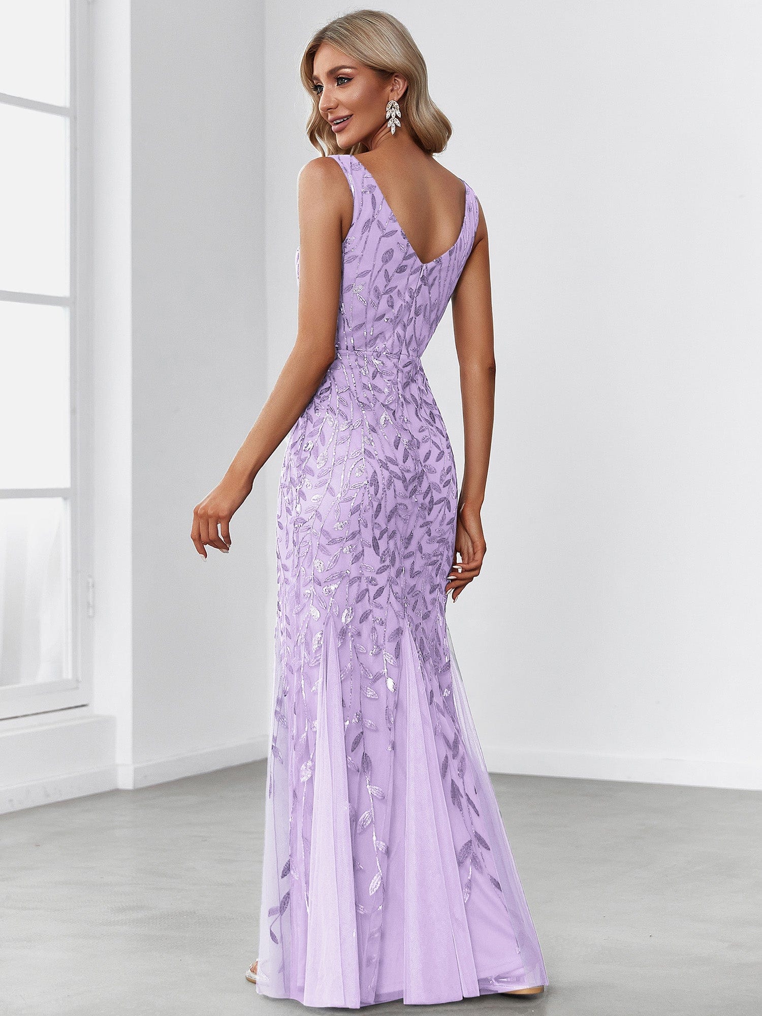 Custom Size Double V-Neck Fishtail Sequin Formal Maxi Evening Dress #color_Lavender