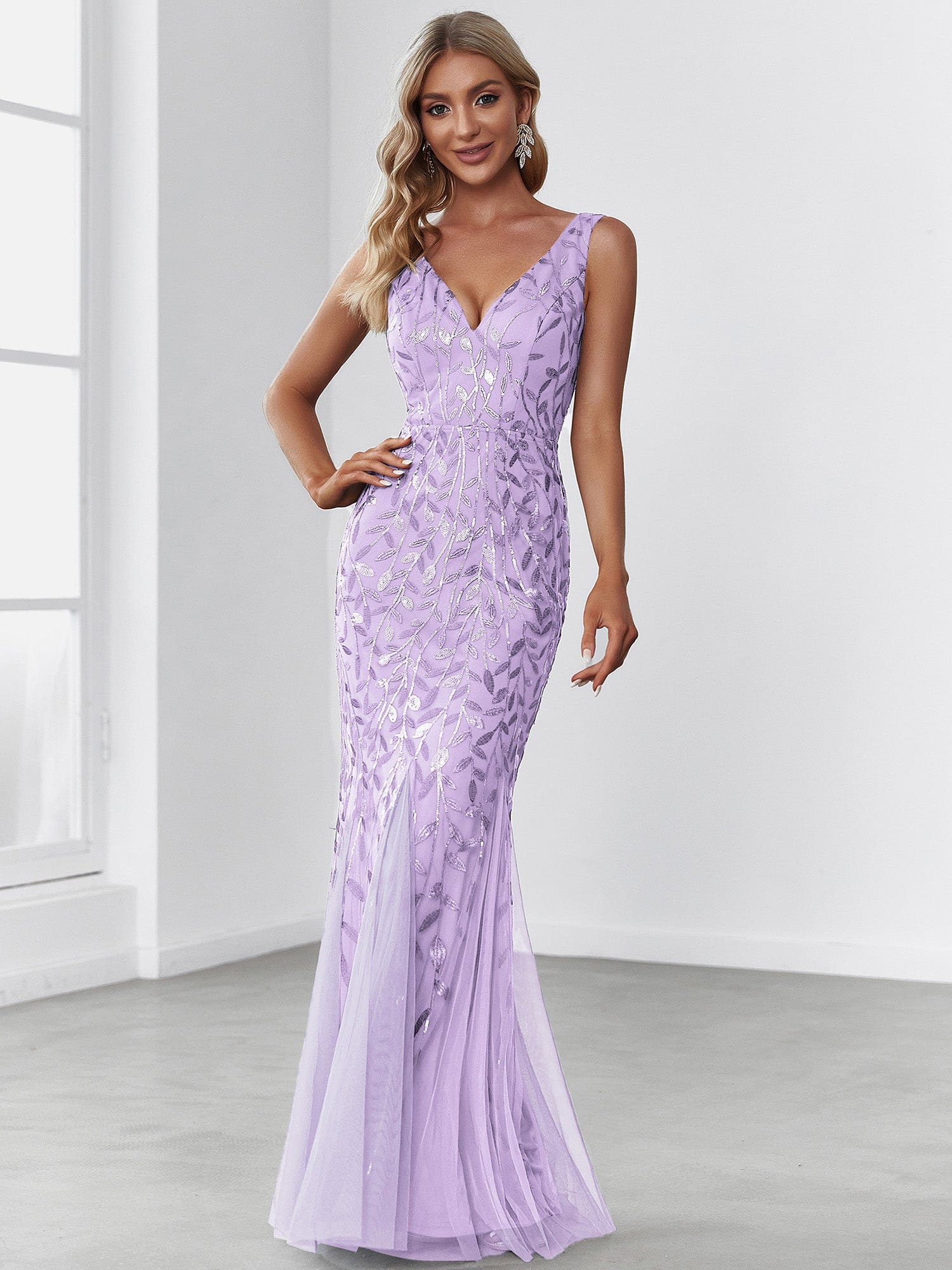 Custom Size Double V-Neck Fishtail Sequin Formal Maxi Evening Dress #color_Lavender