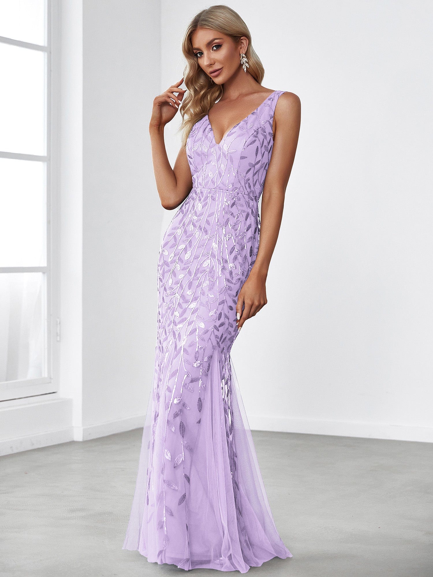 Custom Size Double V-Neck Fishtail Sequin Formal Maxi Evening Dress #color_Lavender