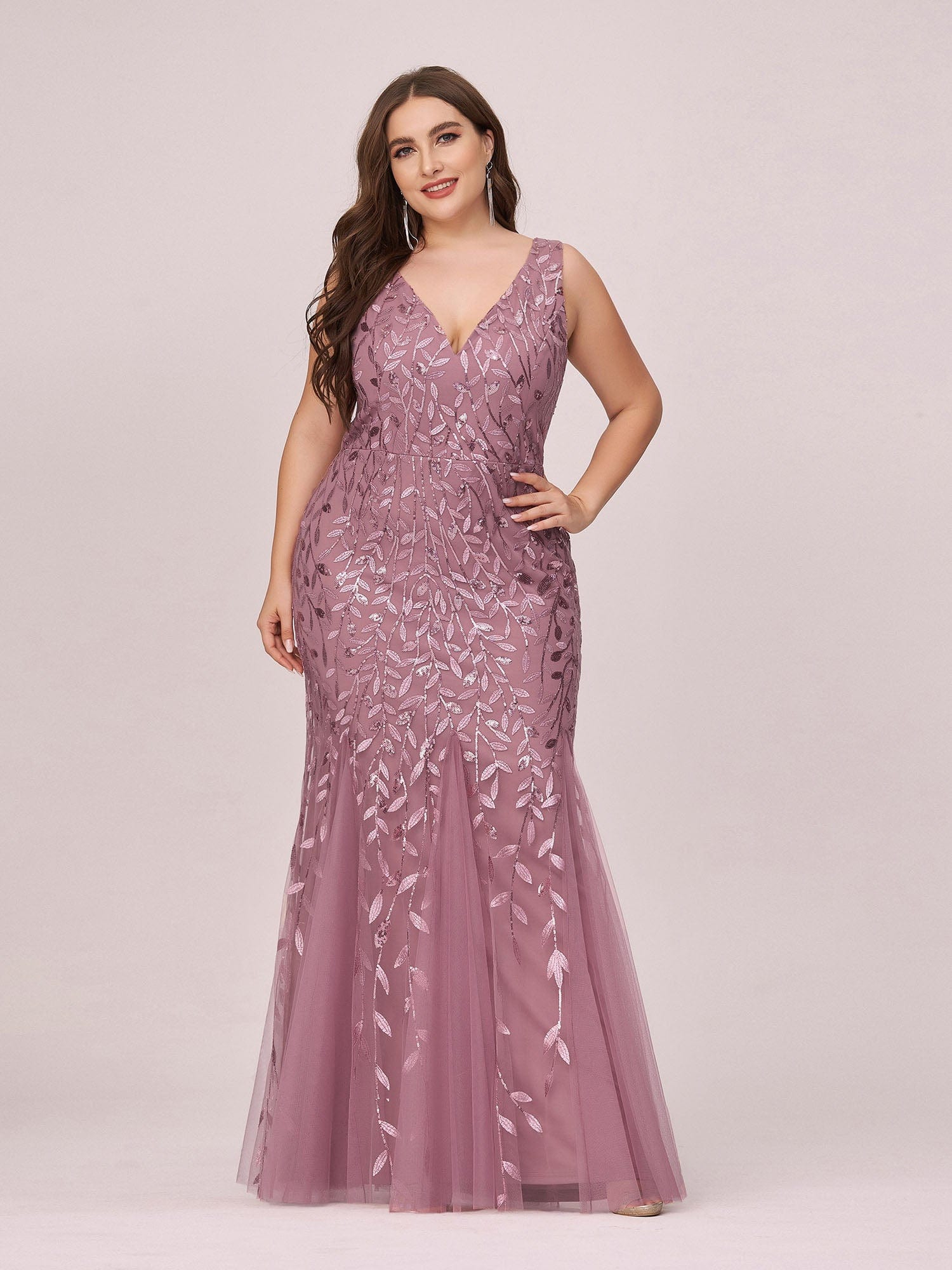 Custom Size Double V-Neck Fishtail Sequin Formal Maxi Evening Dress #color_Purple Orchid