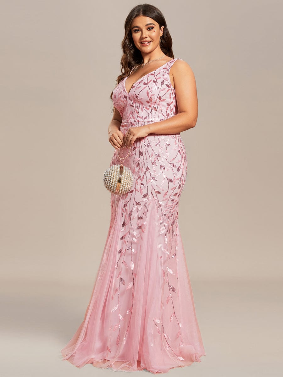 Custom Size Double V-Neck Fishtail Sequin Formal Maxi Evening Dress #color_Pink