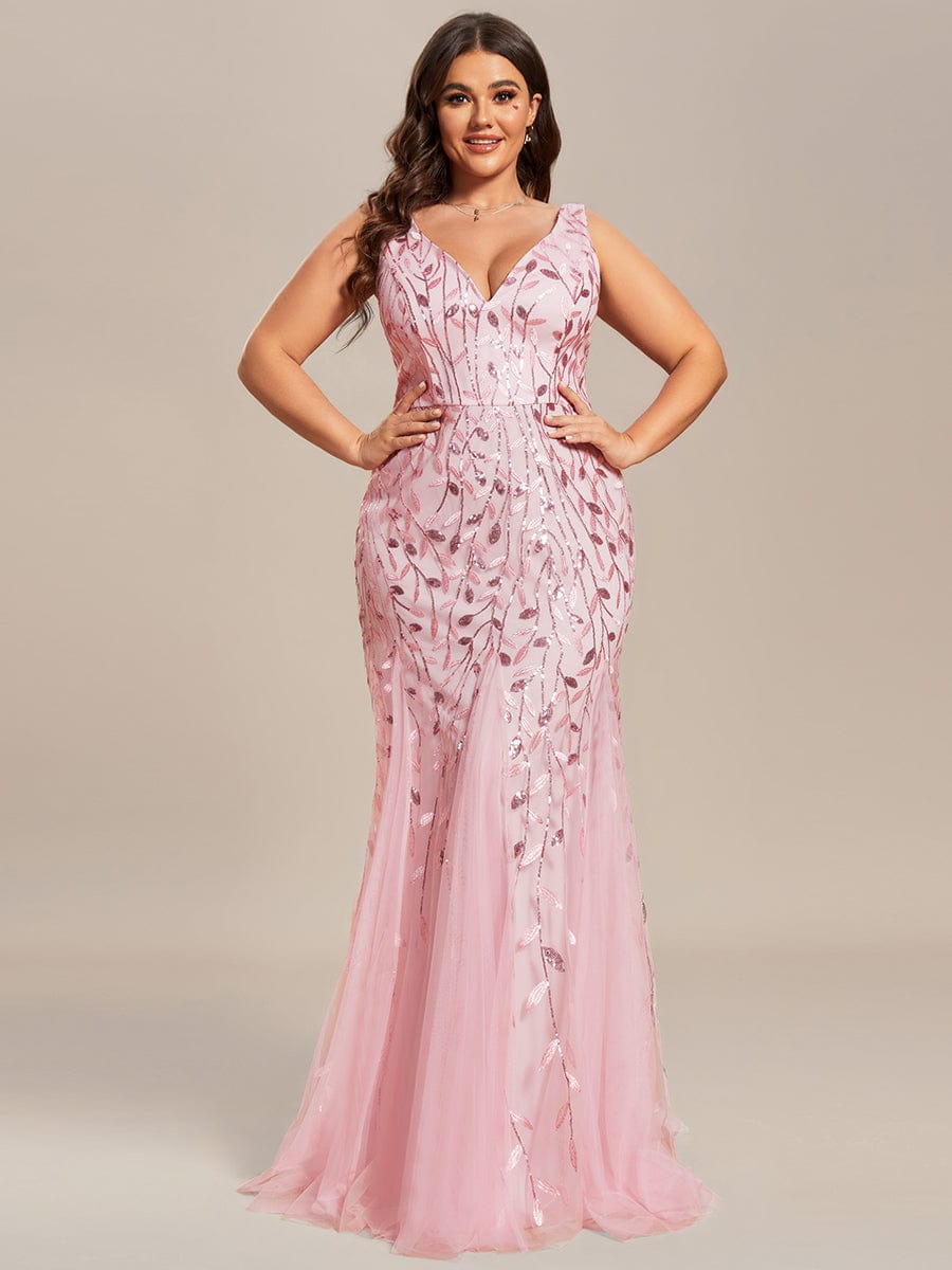 Custom Size Double V-Neck Fishtail Sequin Formal Maxi Evening Dress #color_Pink