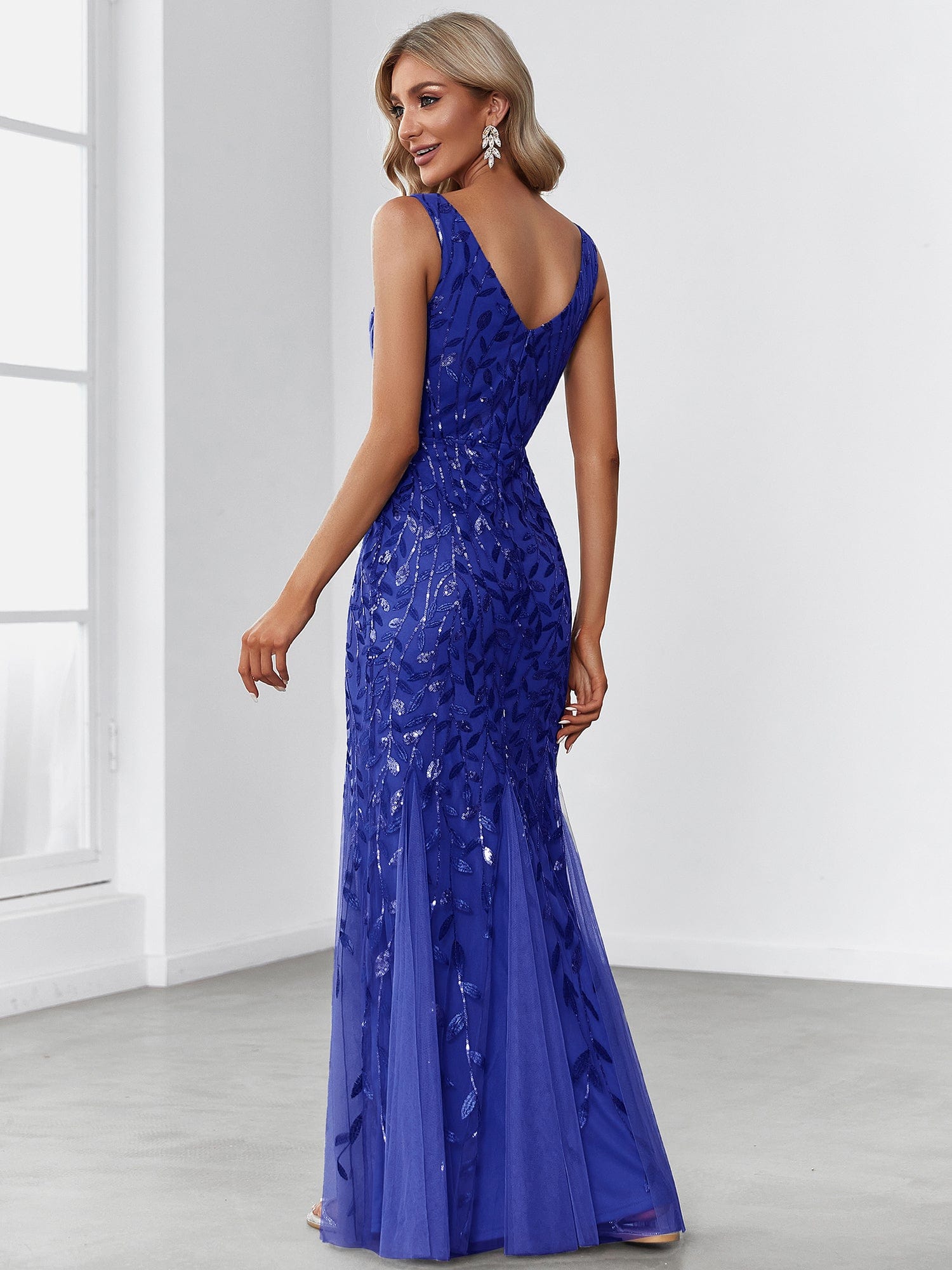 Custom Size Double V-Neck Fishtail Sequin Formal Maxi Evening Dress #color_Sapphire Blue