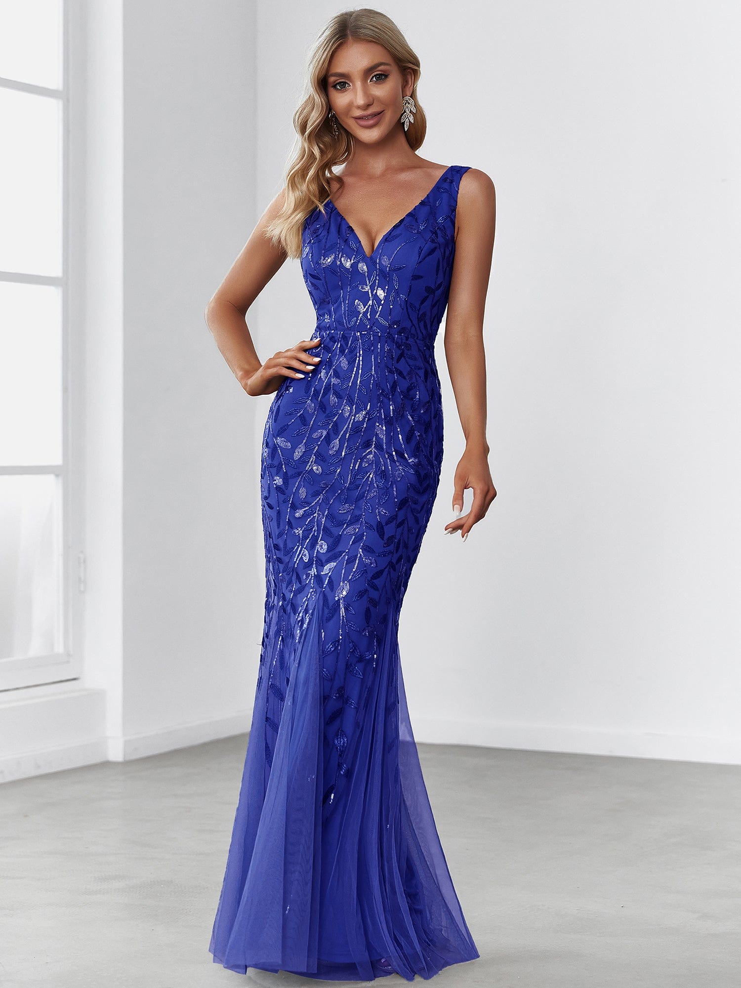 Custom Size Double V-Neck Fishtail Sequin Formal Maxi Evening Dress #color_Sapphire Blue