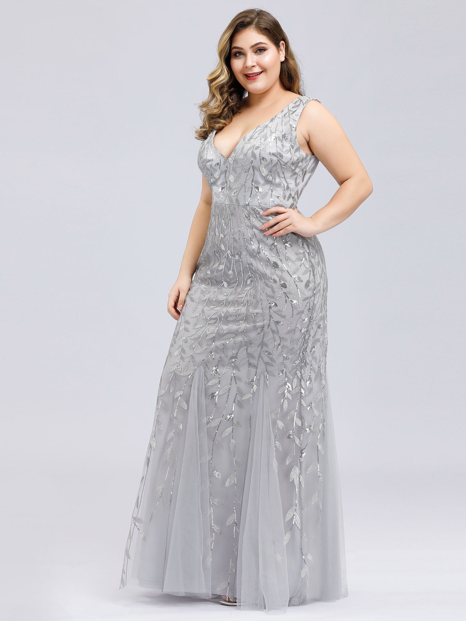 Custom Size Double V-Neck Fishtail Sequin Formal Maxi Evening Dress #color_Silver