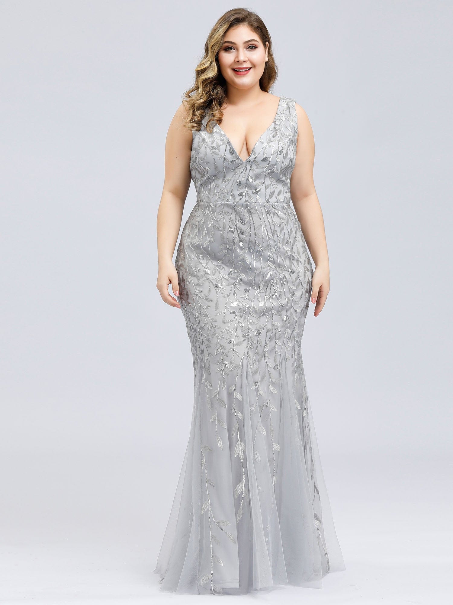 Custom Size Double V-Neck Fishtail Sequin Formal Maxi Evening Dress #color_Silver