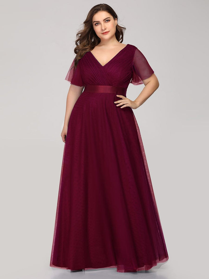 Custom Size Double V Neck Short Sleeve Maxi Tulle Bridesmaid Dress