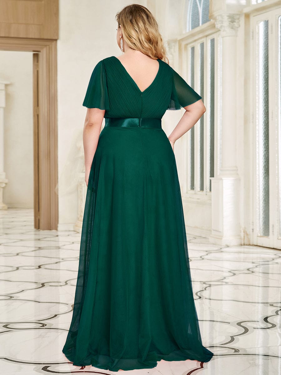 Women's Floor-Length Plus Size Formal Bridesmaid Dress with Short Sleeve #color_Dark Green