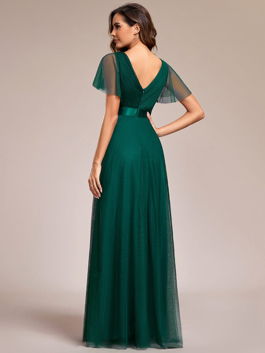 Double V-Neck Floor-Length Short Sleeve Tulle Bridesmaid Dresses #color_Dark Green