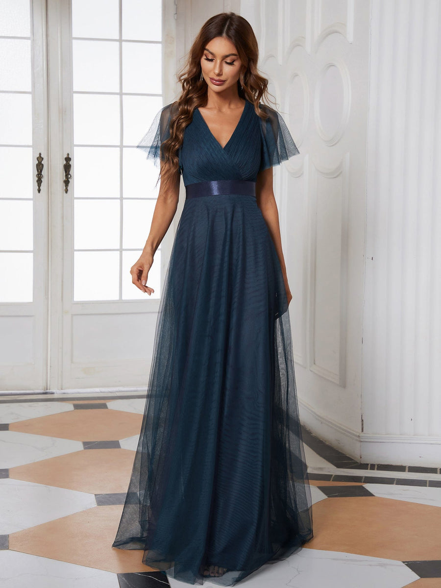 Custom Size Double V-Neck Floor-Length Short Sleeve Tulle Bridesmaid Dresses #color_Navy Blue