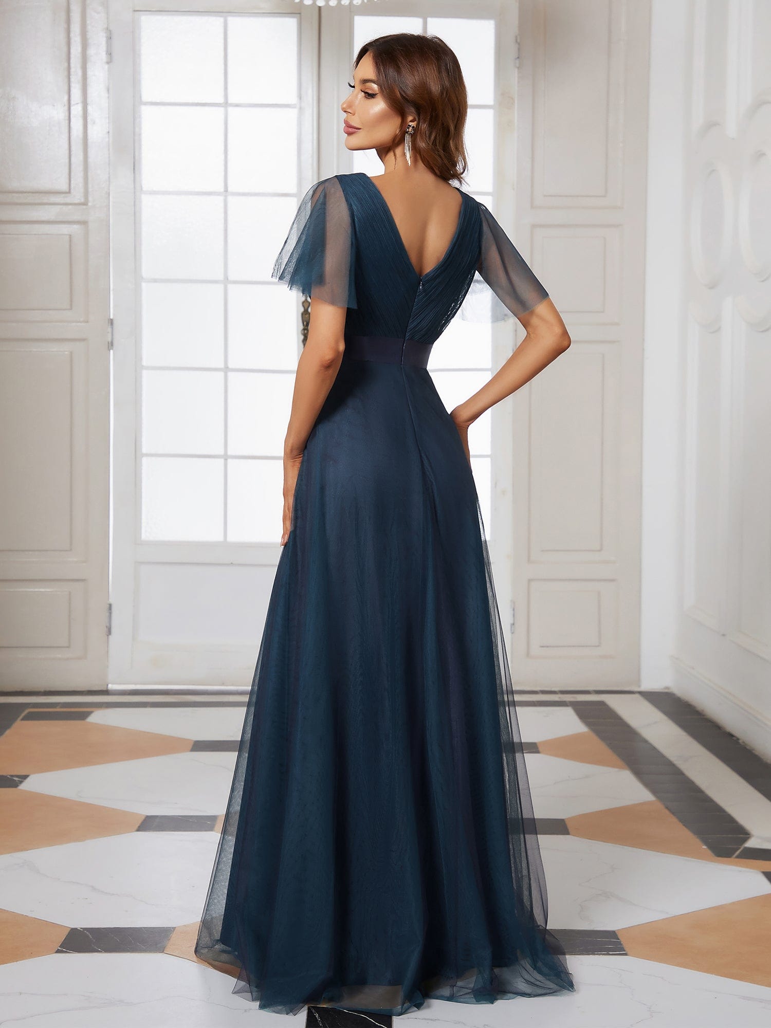 Custom Size Double V-Neck Floor-Length Short Sleeve Tulle Bridesmaid Dresses #color_Navy Blue