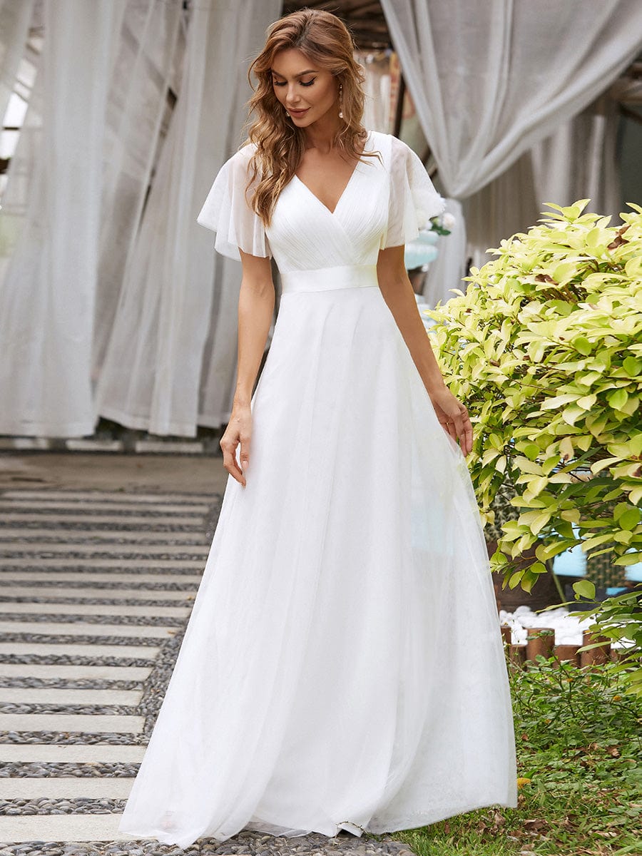 Custom Size Double V-Neck Floor-Length Short Sleeve Tulle Wedding Dresses #color_White