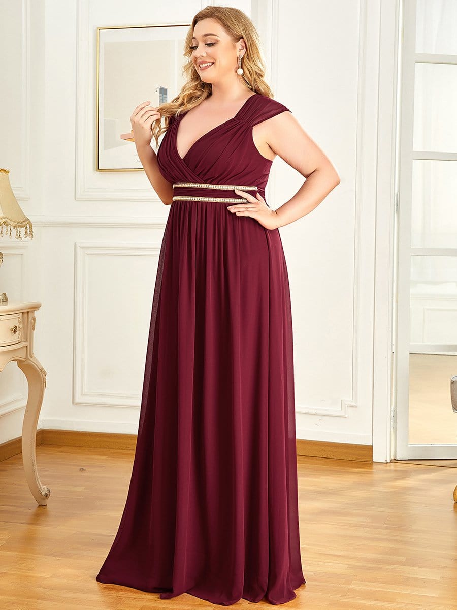 V-Neck Sleeveless Beaded Belt Chiffon A-Line Evening Dress #color_Burgundy 