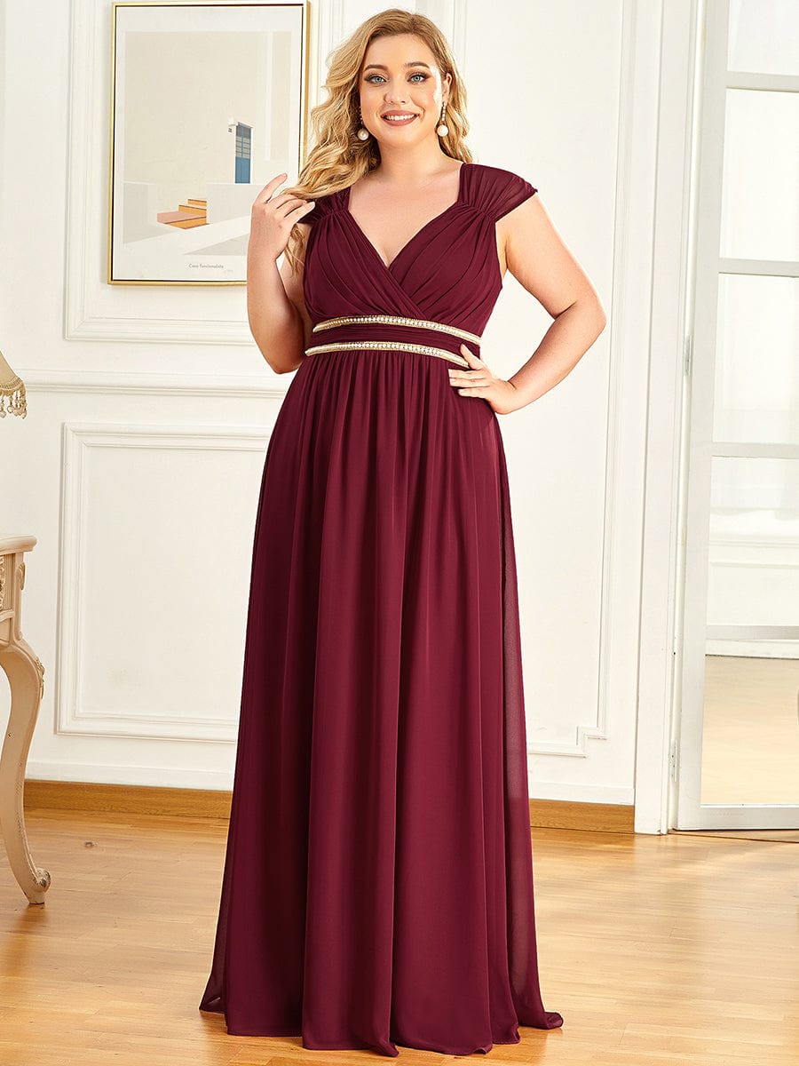 Custom Size V-Neck Sleeveless Beaded Belt Chiffon A-Line Evening Dress #color_Burgundy