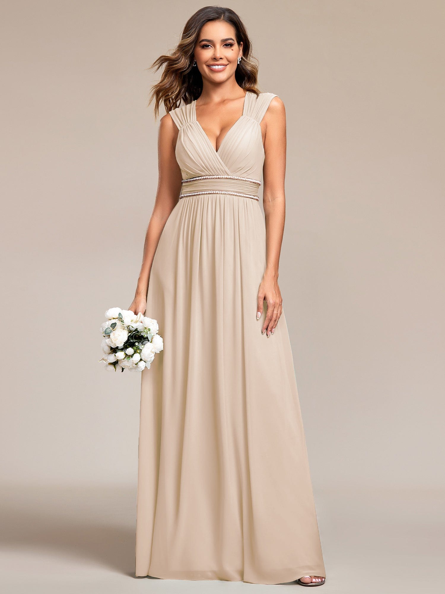 Custom Size V-Neck Sleeveless Beaded Belt Chiffon A-Line Evening Dress #color_Blush