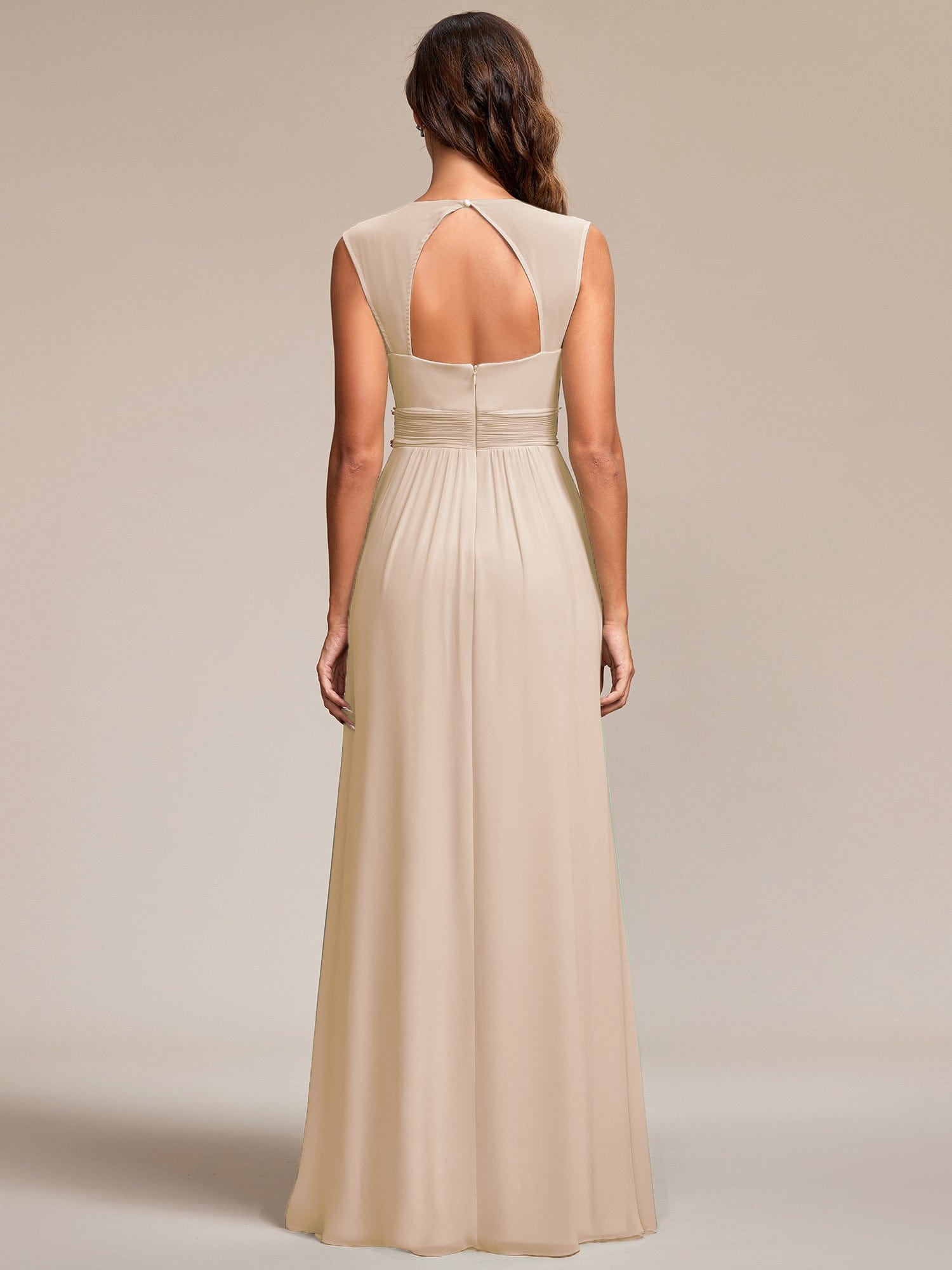 Custom Size V-Neck Sleeveless Beaded Belt Chiffon A-Line Evening Dress #color_Blush