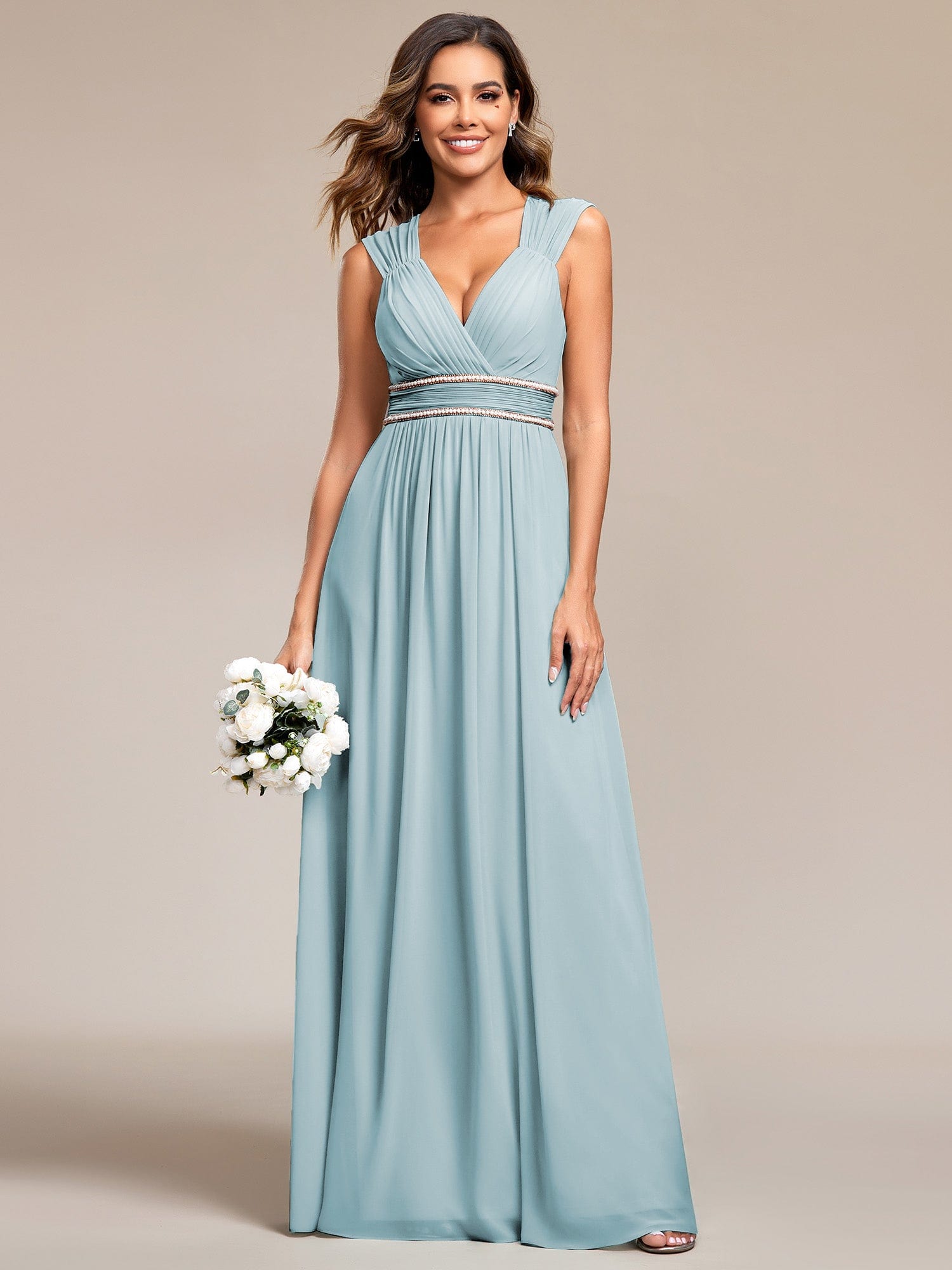 Custom Size V-Neck Sleeveless Beaded Belt Chiffon A-Line Evening Dress #color_Sky Blue