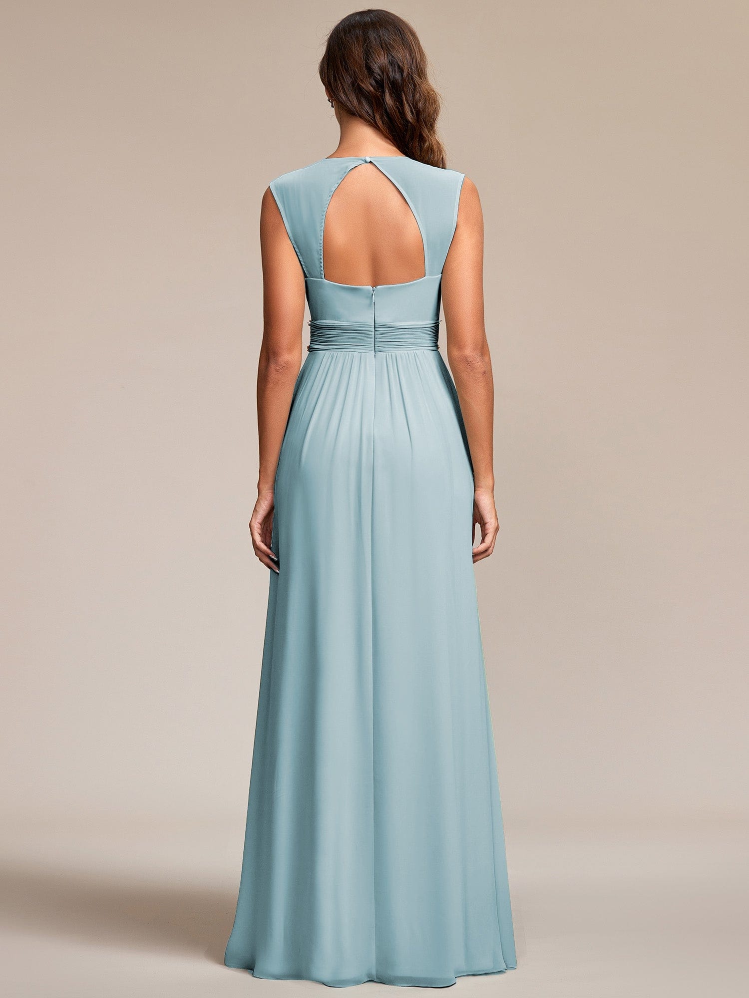 Custom Size V-Neck Sleeveless Beaded Belt Chiffon A-Line Evening Dress #color_Sky Blue