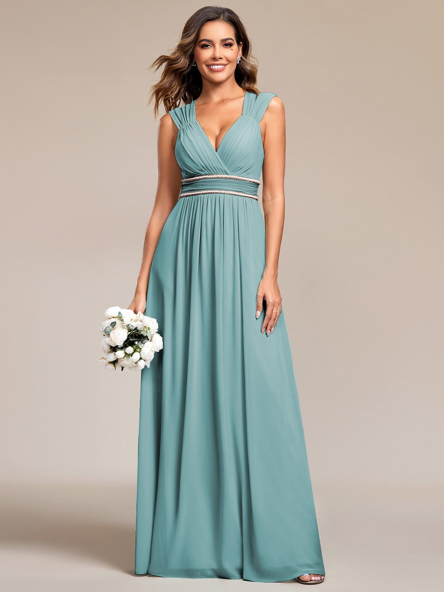 Custom Size V-Neck Sleeveless Beaded Belt Chiffon A-Line Evening Dress #color_Light Teal