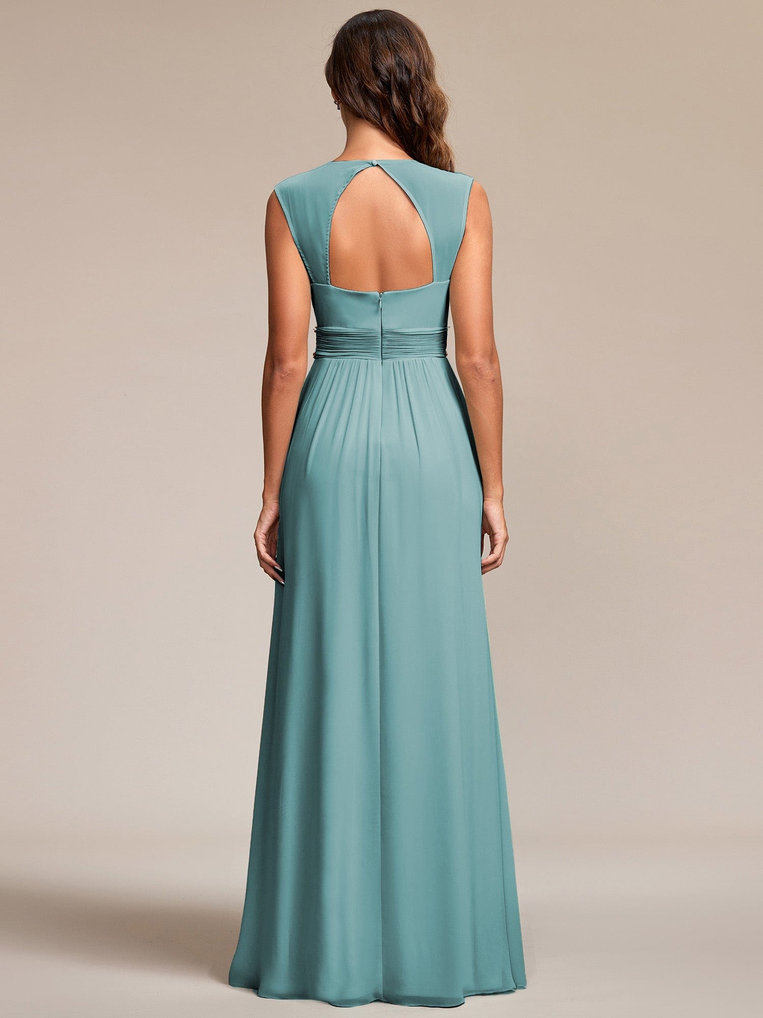 Custom Size V-Neck Sleeveless Beaded Belt Chiffon A-Line Evening Dress #color_Dusty Blue