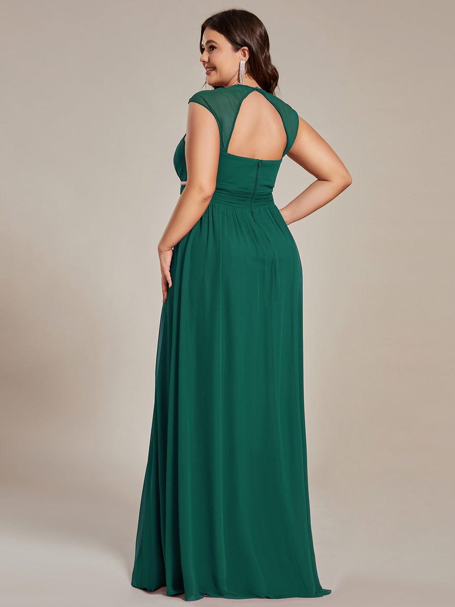 Custom Size V-Neck Sleeveless Beaded Belt Chiffon A-Line Evening Dress #color_Dark Green